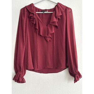 Smocked Blouse Sheer Plum Ruffle Neck Tie Romantic Boho Dark Fairy Whimsigoth Sm
